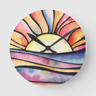 SUNSET AT SEA Watercolor Round Clock