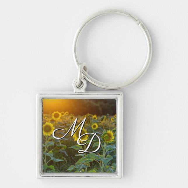 Sunset At Sunflower Field Monogram Square Keychain (Front)