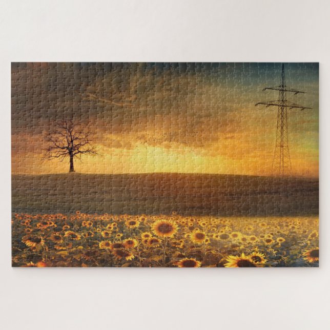 Sunset At Sunflowers Field Puzzle (Horizontal)