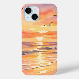 Sunset at the beach with birds iPhone 15 case