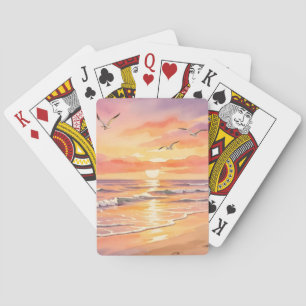Sunset at the beach with birds playing cards