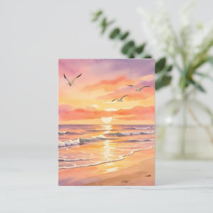 Sunset at the beach with birds postcard