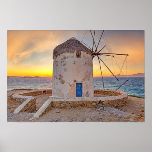 Sunset at the famous windmills of Mykonos, Greece Poster