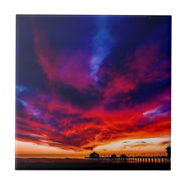Sunset at the Pier, Huntington Beach, CA Ceramic Tile (Front)