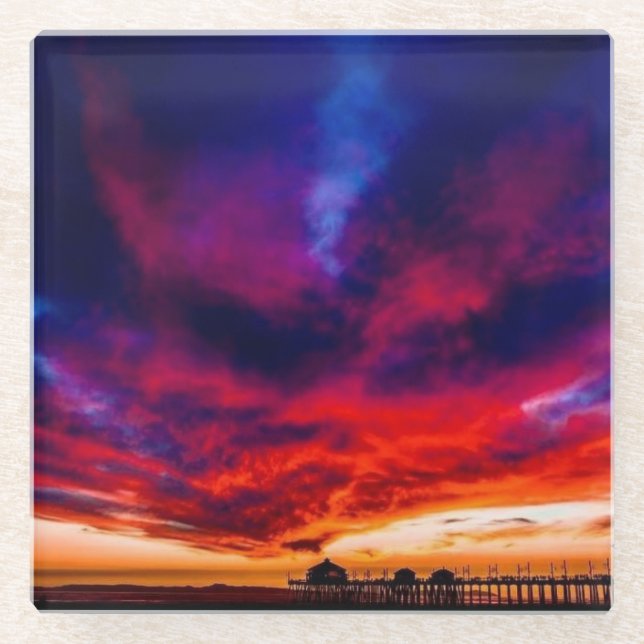 Sunset at the Pier, Huntington Beach, CA Glass Coaster (Front)