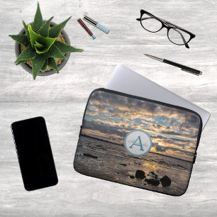 Sunset at the sea photo with monogram and name laptop sleeve