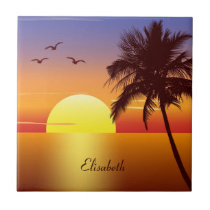 Sunset at tropical beach tile