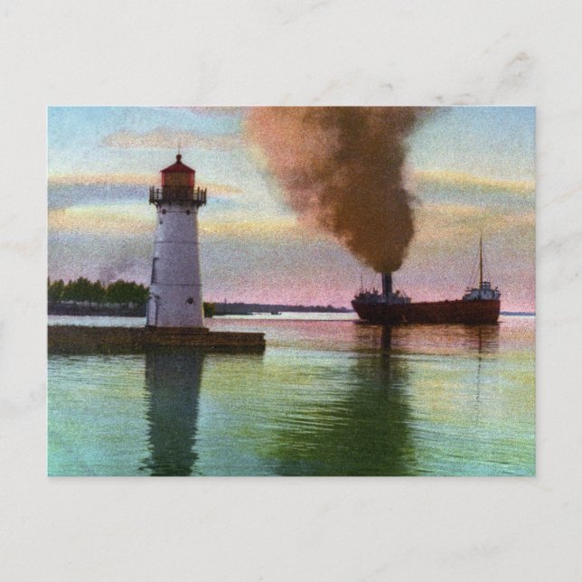 Sunset at Upper Light, Sault Ste. Marie, MI 1909 Postcard (Front)