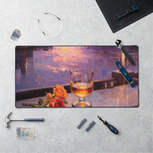 Sunset Balcony Wine & Rose Oil Painting Desk Mat