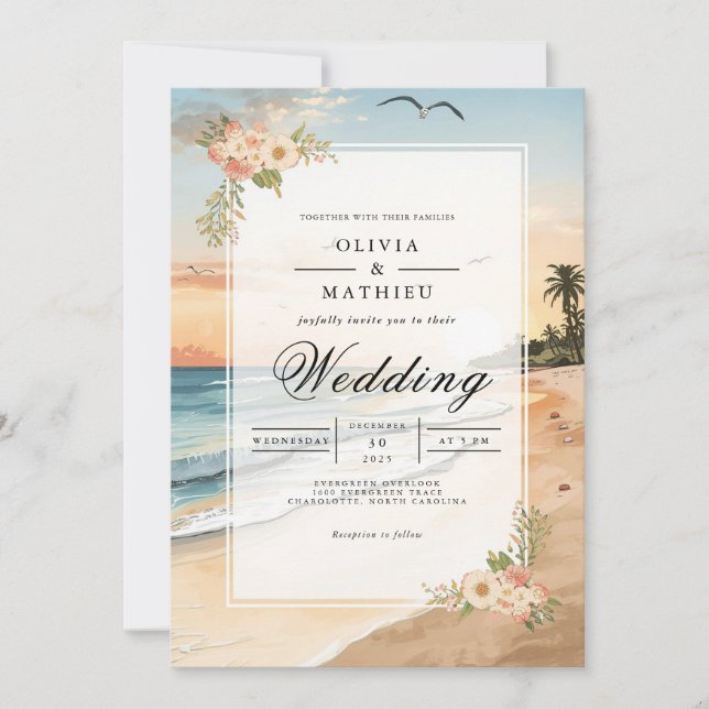 Sunset Beach Bloom Romance Wedding Invitation (Front)