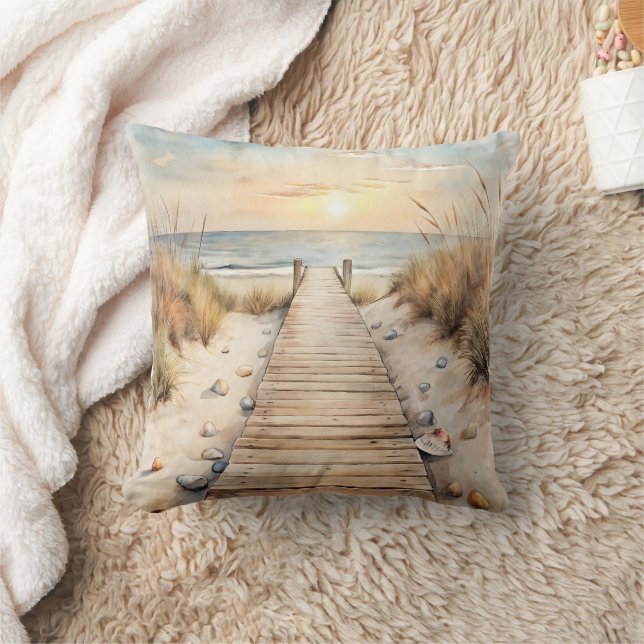 Sunset Beach Boardwalk Watercolor Cushion (Blanket)