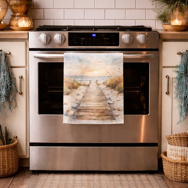 Sunset Beach Boardwalk Watercolor Tea Towel (Creator Uploaded)