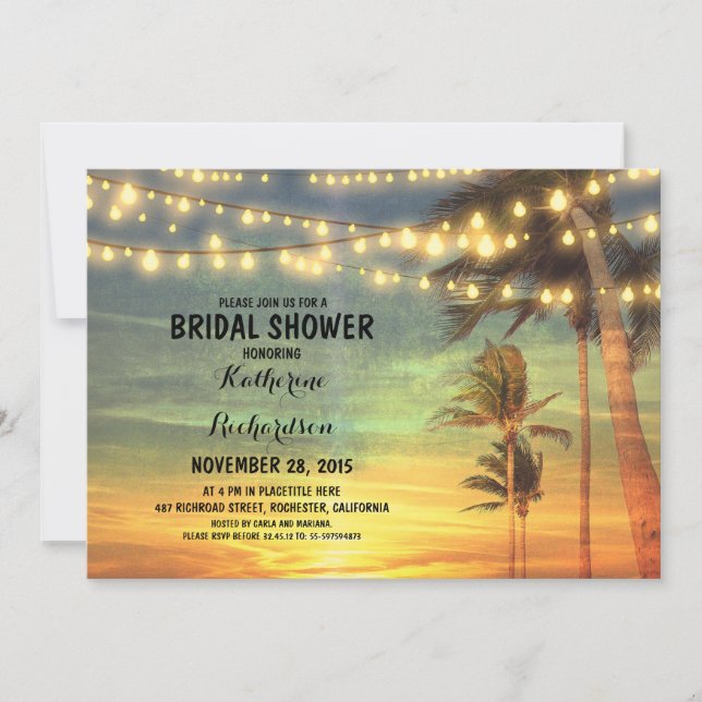 sunset beach bridal shower string lights invitation (Front)