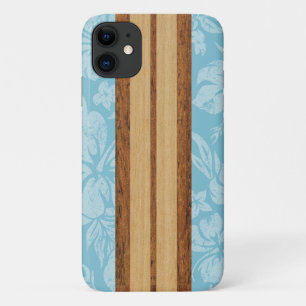 Sunset Beach Faux Wood Surfboard Hawaiian Aqua iPhone 11 Case