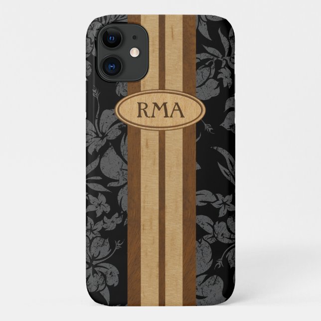 Sunset Beach Faux Wood Surfboard Hawaiian Monogram Case-Mate iPhone Case (Back)