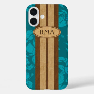 Sunset Beach Faux Wood Surfboard Hawaiian Monogram iPhone 16 Plus Case