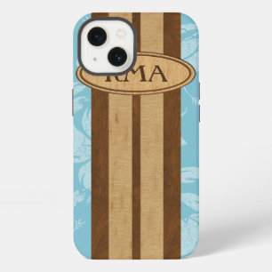 Sunset Beach Faux Wood Surfboard Hawaiian Monogram iPhone Case