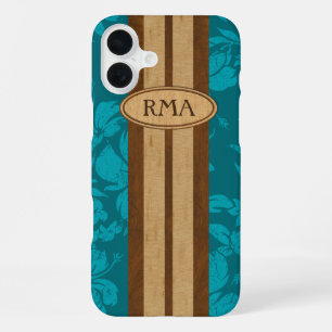 Sunset Beach Faux Wood Surfboard Hawaiian Monogram iPhone 16 Plus Case