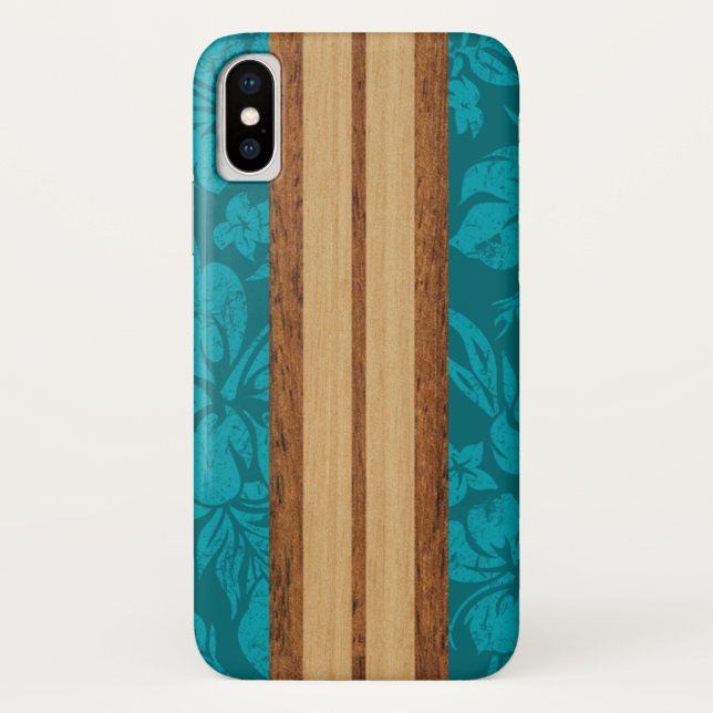 Sunset Beach Faux Wood Surfboard Hawaiian Teal Case-Mate iPhone Case (Back)