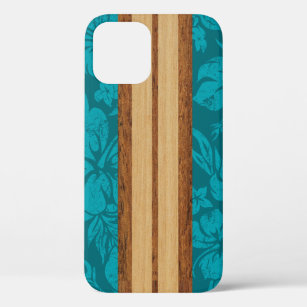 Sunset Beach Faux Wood Surfboard Hawaiian Teal iPhone 12 Pro Case