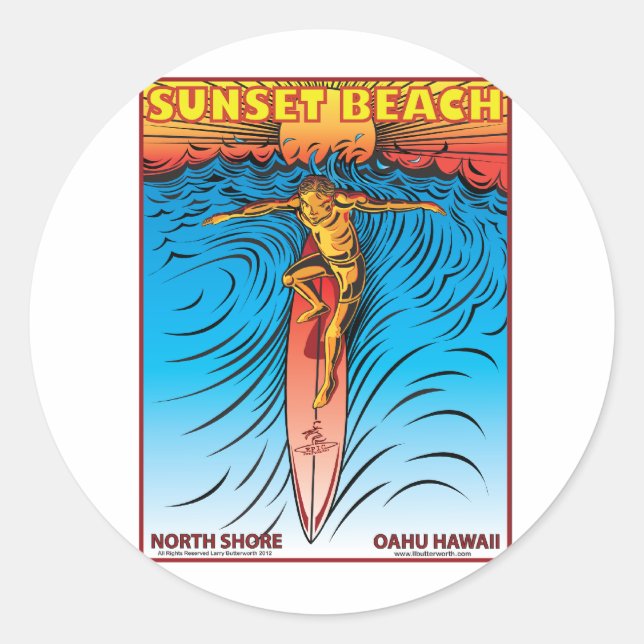 SUNSET BEACH HAWAII SURFING CLASSIC ROUND STICKER (Front)