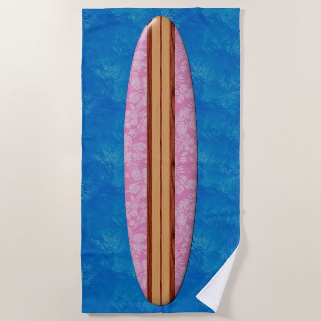 Sunset Beach Hawaiian Faux Wood Surfboard - Pink Towel (Front)