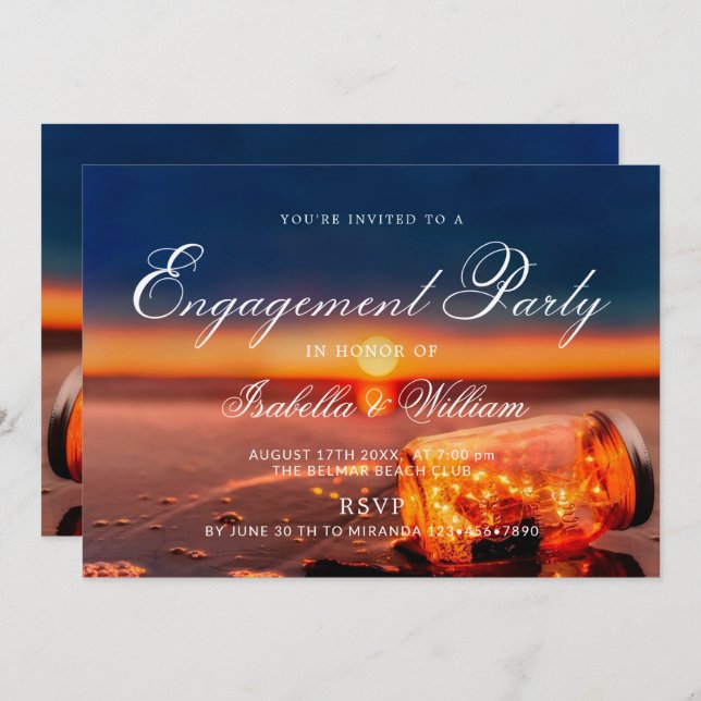 Sunset Beach Mason Jar Blue Night Engagement Party Invitation (Front/Back)
