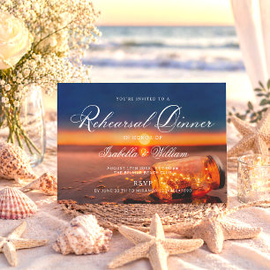 Sunset Beach Mason Jar Blue Night Rehearsal Dinner Invitation