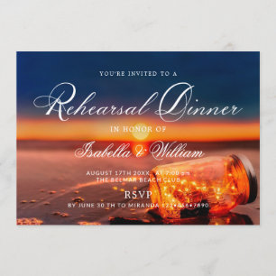 Sunset Beach Mason Jar Blue Night Rehearsal Dinner Invitation