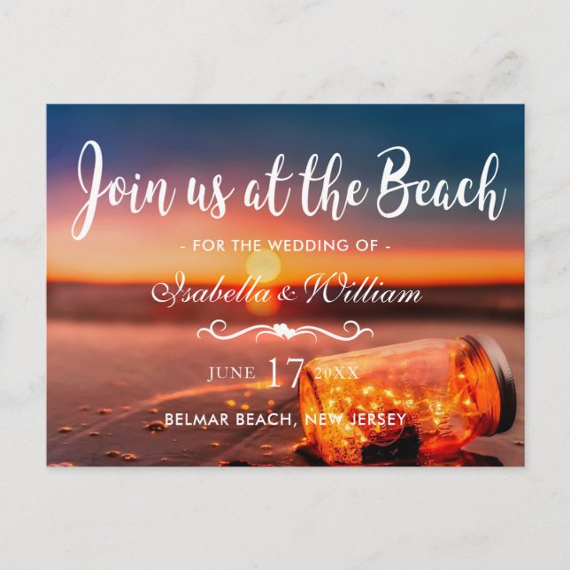 Sunset Beach Mason Jar Blue Night Save the Date Announcement Postcard (Front)