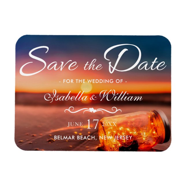Sunset Beach Mason Jar Blue Night Save the Date Magnet (Horizontal)