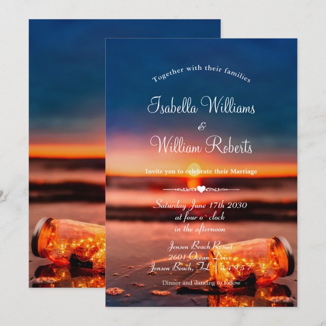 Sunset Beach Mason Jar Blue Night Wedding Invitation (Front/Back)