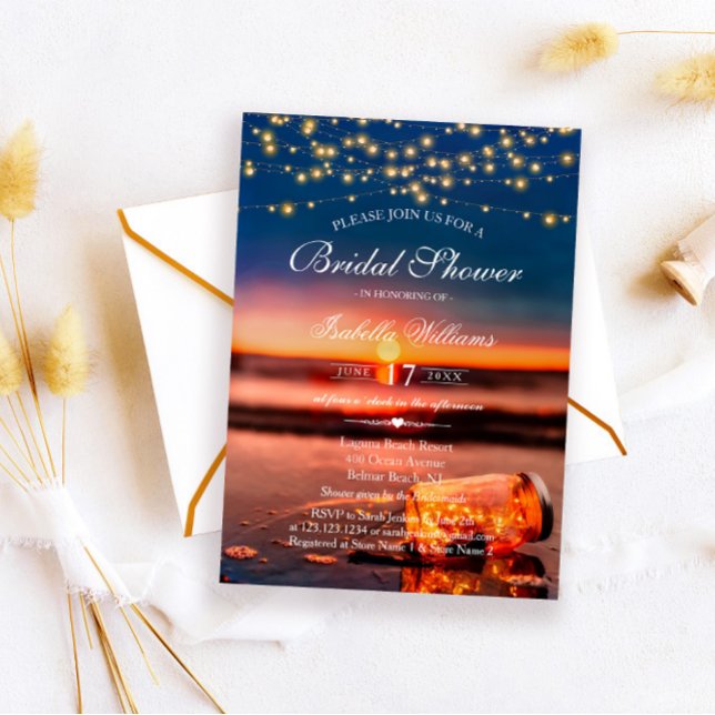 Sunset Beach Mason Jar String Lights Bridal Shower Invitation (Creator Uploaded)