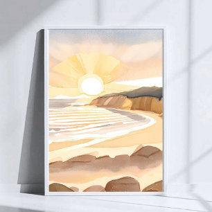 Sunset Beach   Ocean Watercolor Coastal Poster