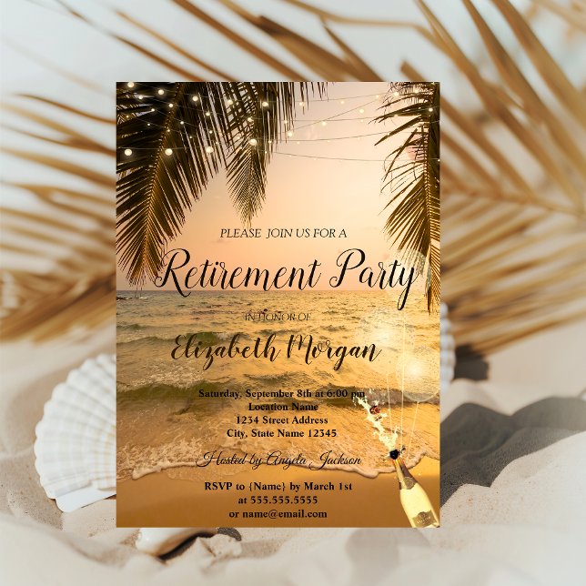 Sunset Beach,Palm,Balloons,Wine Retirement Party Invitation (Creator Uploaded)