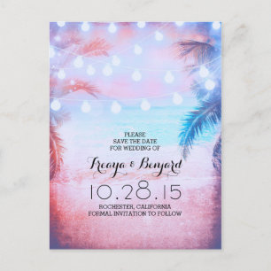 sunset beach & palm string lights save the date announcement postcard