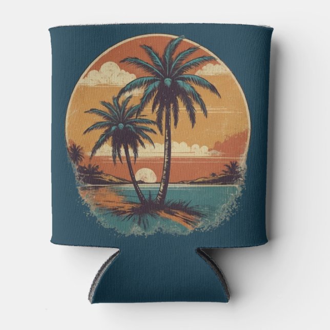Sunset Beach Palm Tree Funny Summer Vacation Can Cooler (Front)