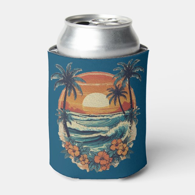Sunset Beach Palm Tree Funny Summer Vacation Can Cooler (Can Front)
