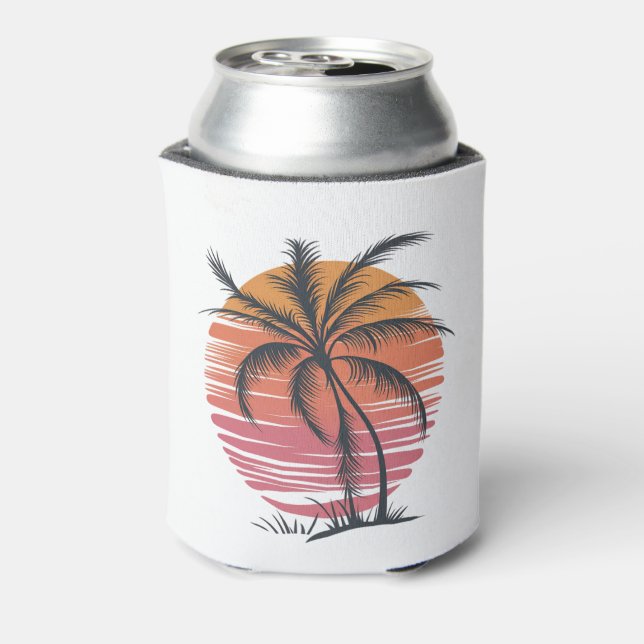 Sunset Beach Palm Tree Funny Summer Vacation Can Cooler (Can Back)