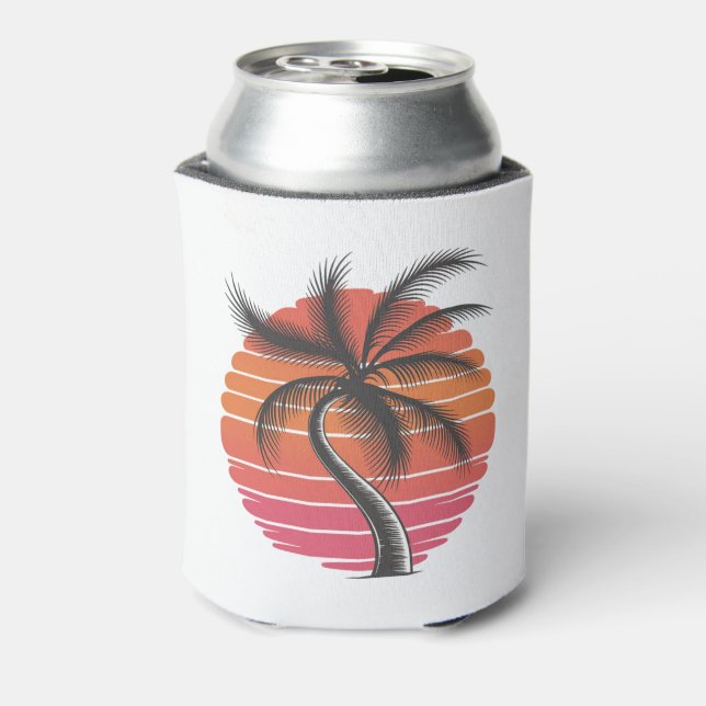 Sunset Beach Palm Tree Funny Summer Vacation Can Cooler (Can Back)