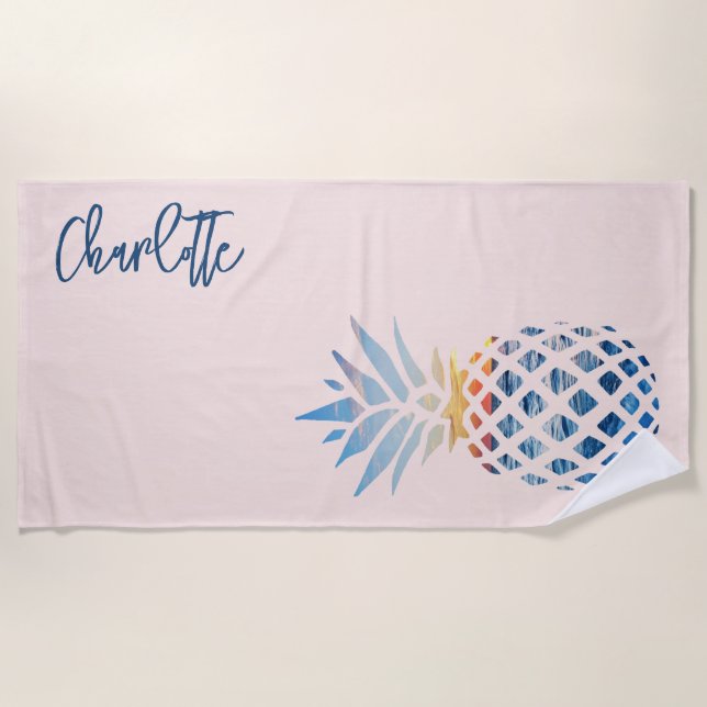 Sunset Beach Pineapple Family Vacation Blush Pink Beach Towel (Front)