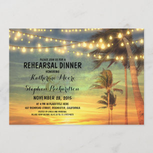 sunset beach rehearsal dinner string lights invitation