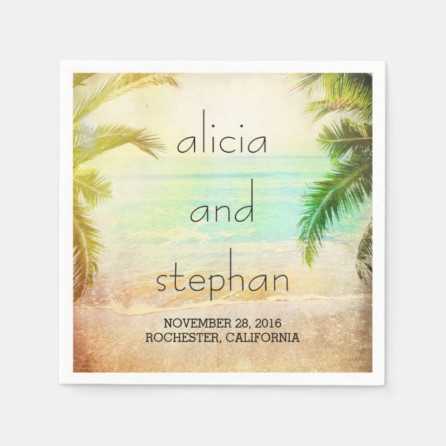 sunset beach romantic palms wedding napkin (Front)