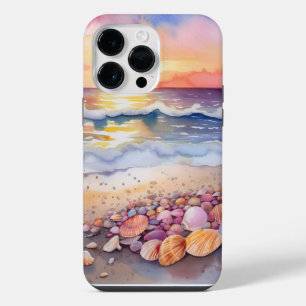 SUNSET BEACH SCENE WITH COLORFUL SEASHELLS iPhone 14 PRO MAX CASE