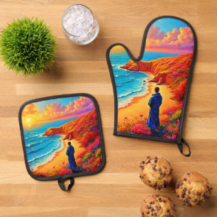 Sunset Beach Solitude Serenity Design Oven Mitt & Pot Holder Set