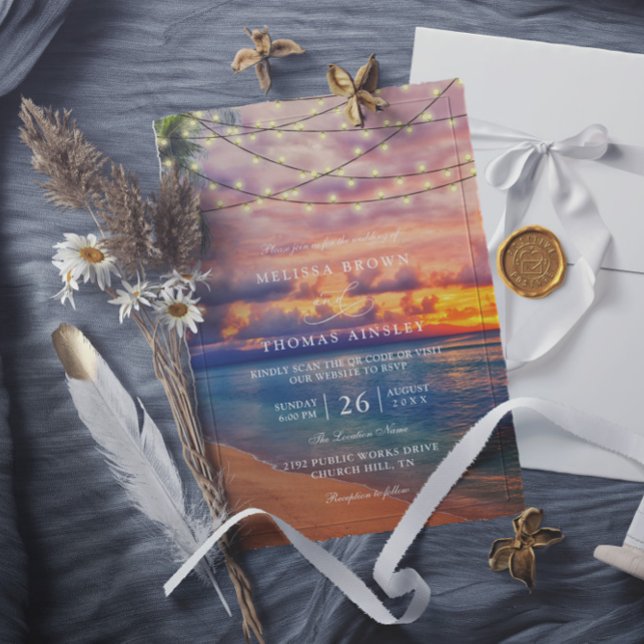 Sunset Beach String Lights QR Code Wedding Invitation (Creator Uploaded)