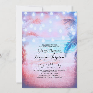 Sunset Beach & String Lights Rehearsal Dinner Invitation