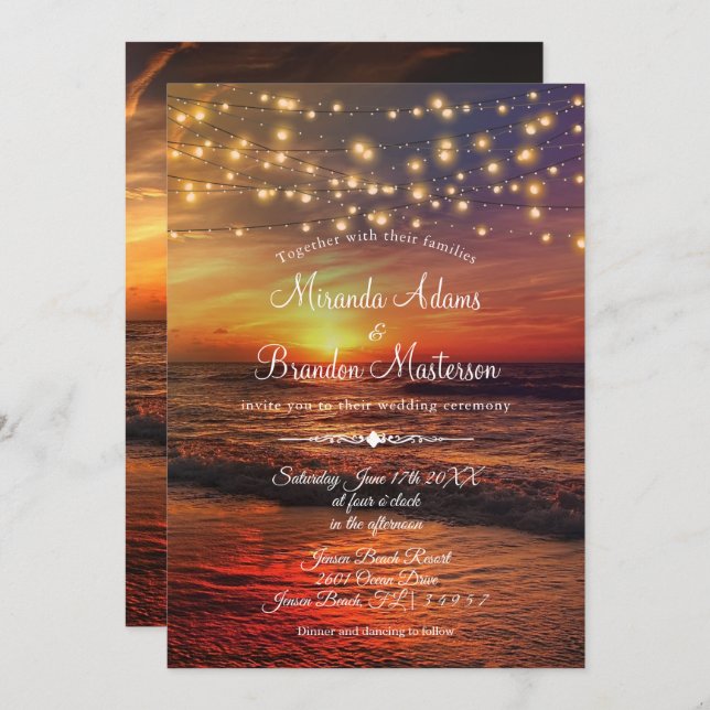 Sunset Beach String Lights Summer Wedding Ceremony Invitation (Front/Back)