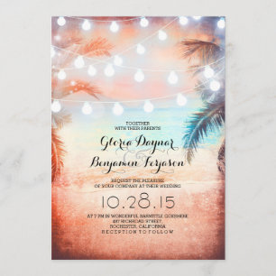 Sunset Beach & String Lights Wedding Invitation
