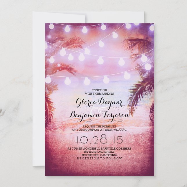 Sunset Beach & String Lights Wedding Invitation (Front)